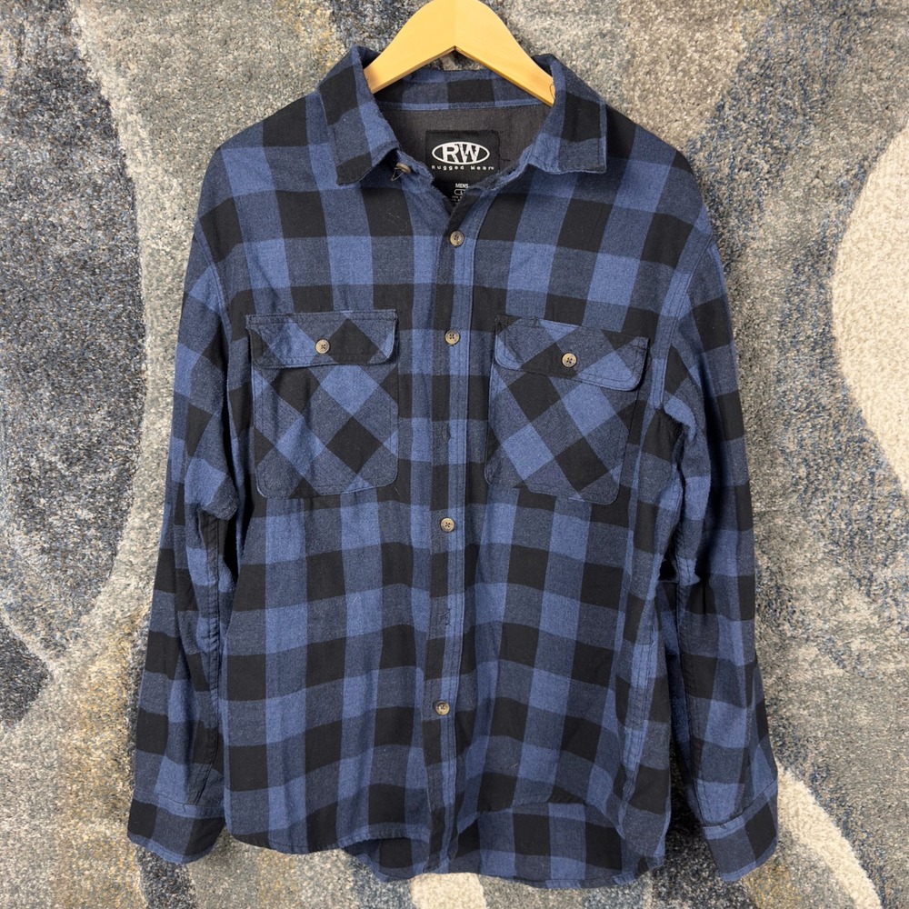 Vintage Rugged Wear‎ Flannel Shirt Mens Large Blue Black Buffalo Plaid Grunge